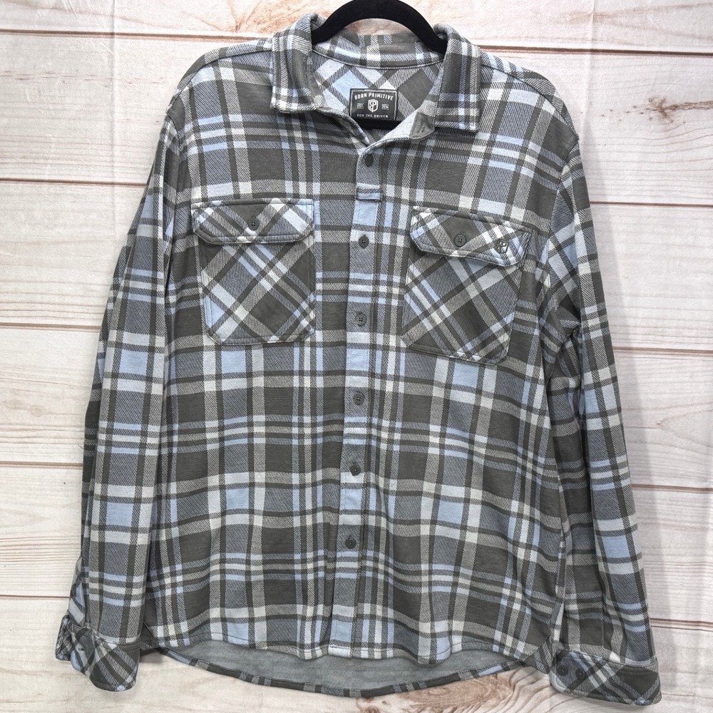 Born Primitive Mens XL Plaid Flannel Button Down Shirt Green Blue Stretch L/S